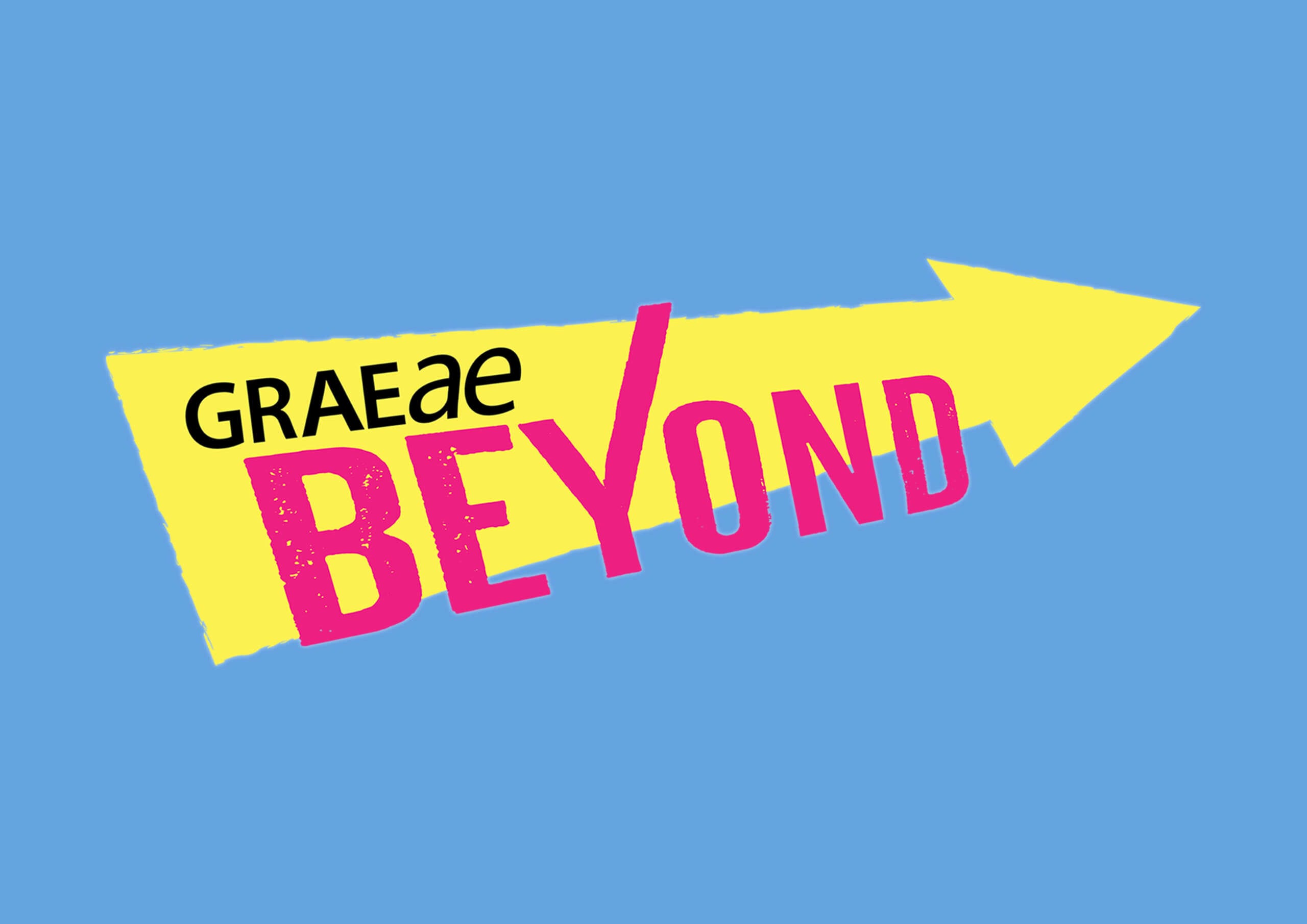 Graeae Beyond logo - black and pink text, and a yellow arrow, set on a blue background.