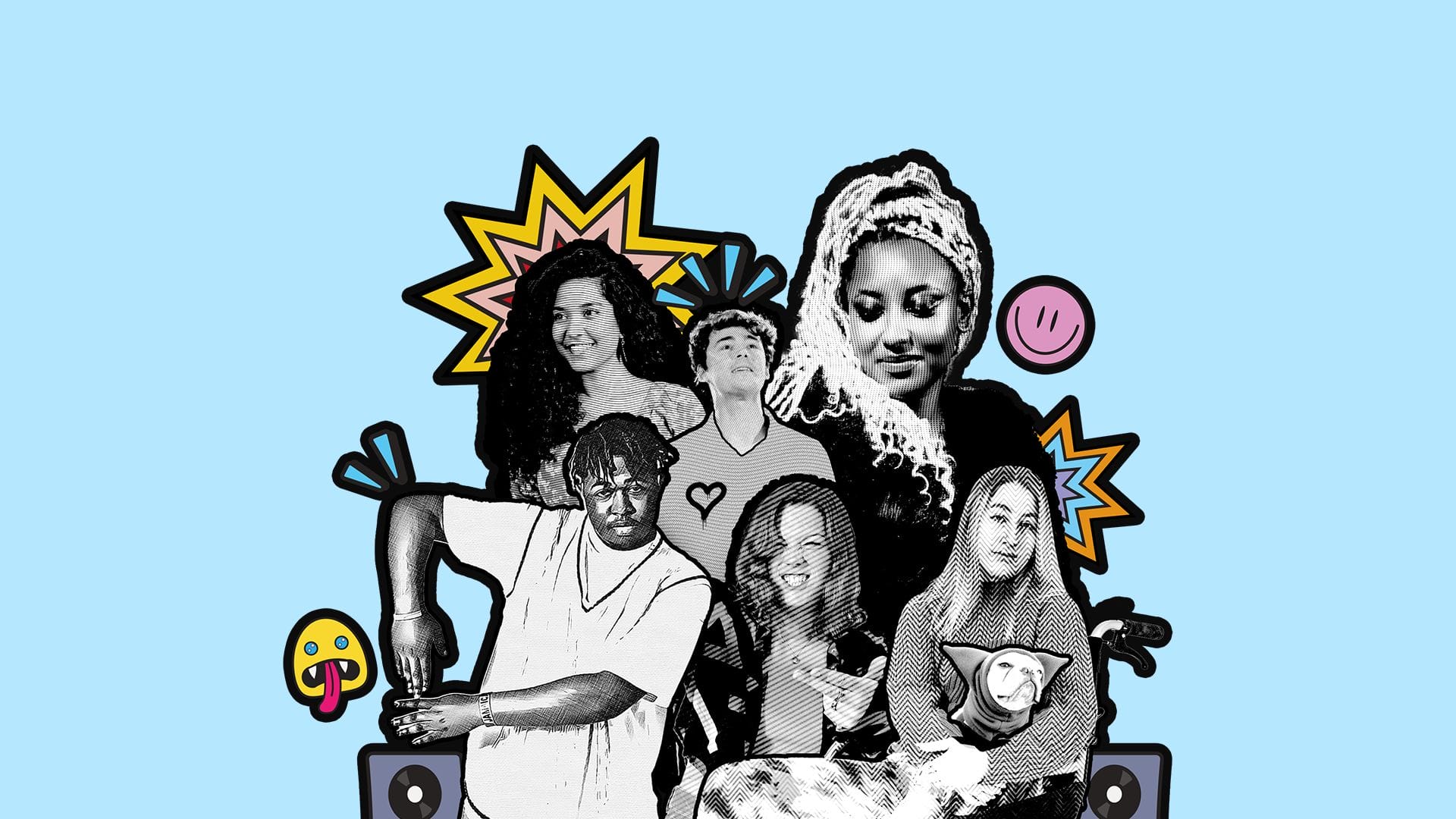 6 young people are positioned in front of a blue background. Their outlines are colourful and cartoon-like.