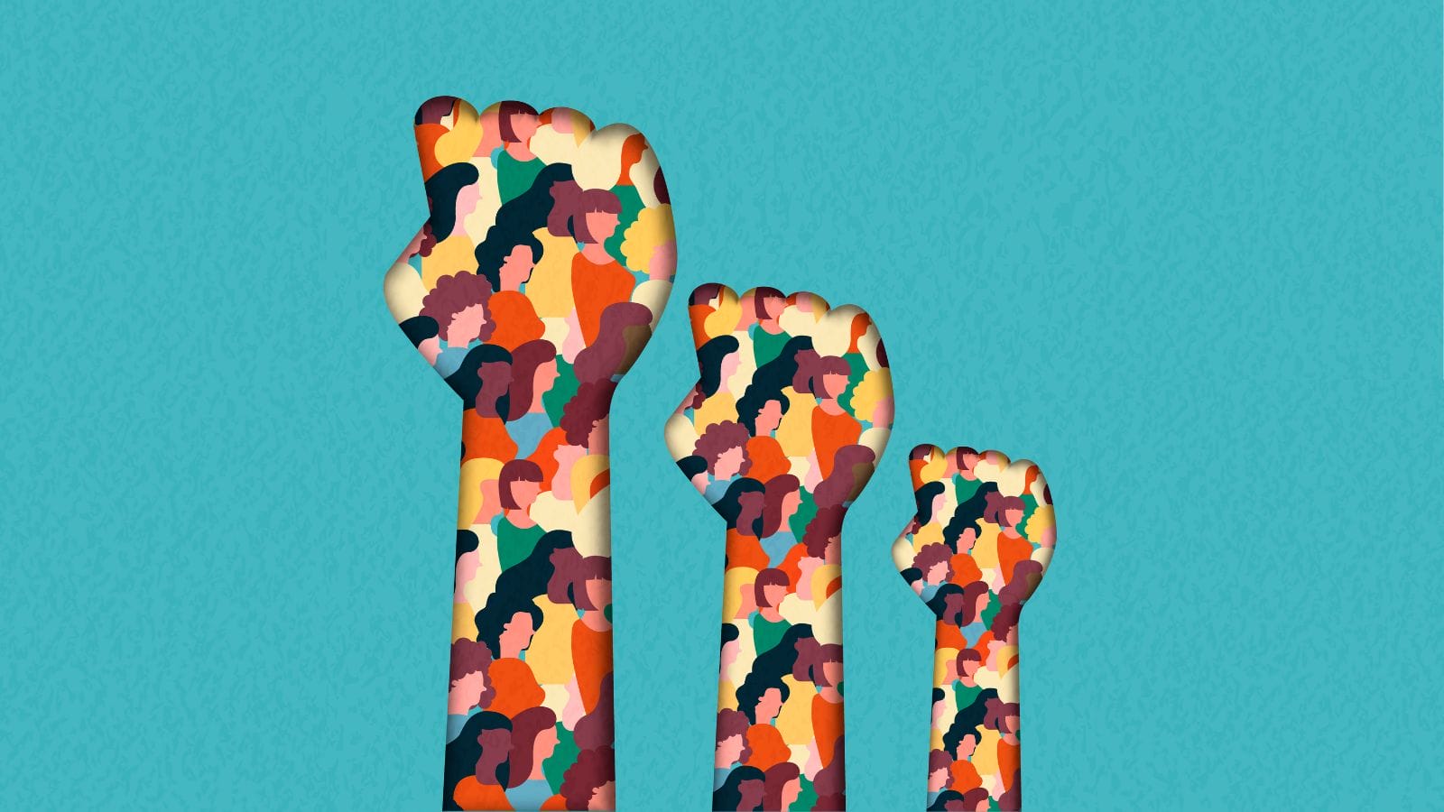 Three fists in the air; the fists themselves are made up of small images of illustrated people. This is all in-front of a blue background.