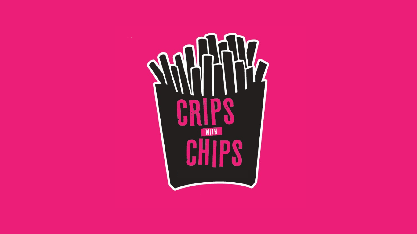 Graeae's Crips with Chips Logo. A black silhouette of a packet of chips, with pink text and a pink background.
