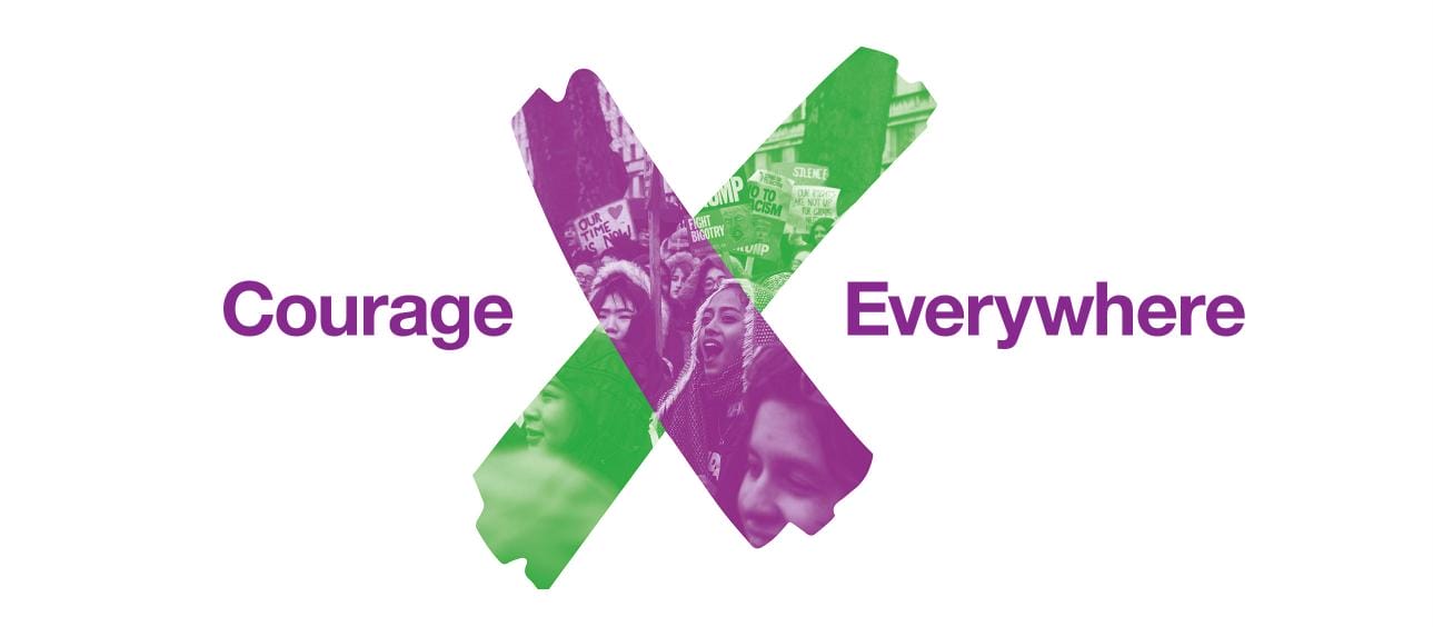 A large X made of one green line and one purple line. Within the lines, you can see the faint image of people marching in protest. Purple text read Courage Everywhere