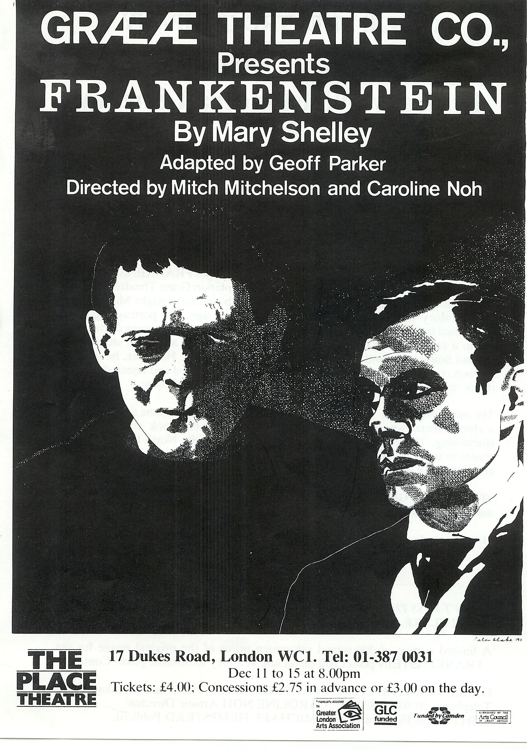 A poster for Graeae's production of 'Frankenstien' by Mary Shelley. The poster features a black and white illustration of Dr Frankenstein and his monster.