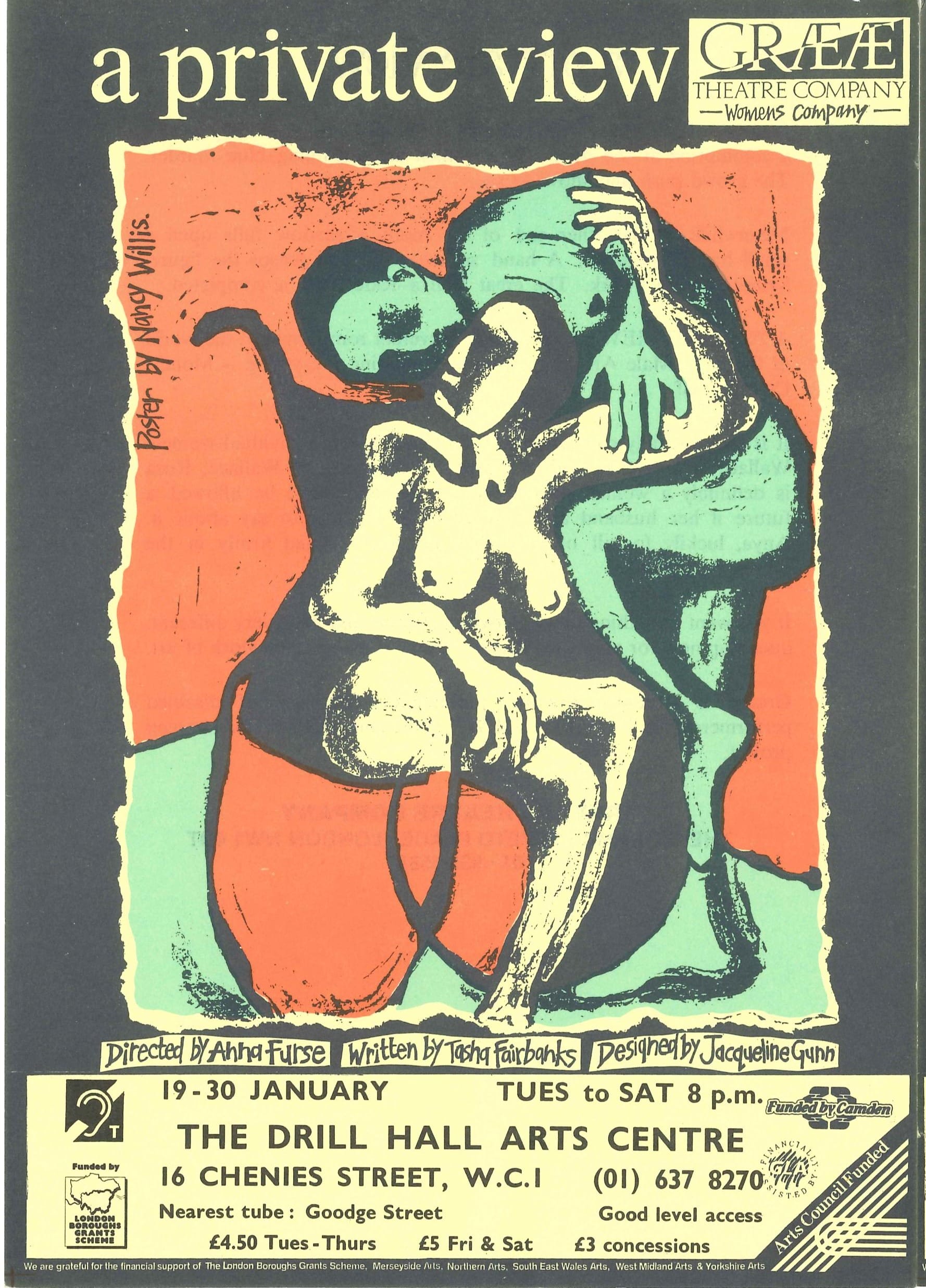 A poster for Graeae's production of 'A Private View'. The poster is an abstarct drawing of two nude people, one of whom is sitting in a wheelchair.