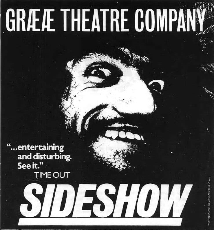 A poster for the Graeae production of Sideshow. It is a high contrast, close up image of Nabil Shaban.