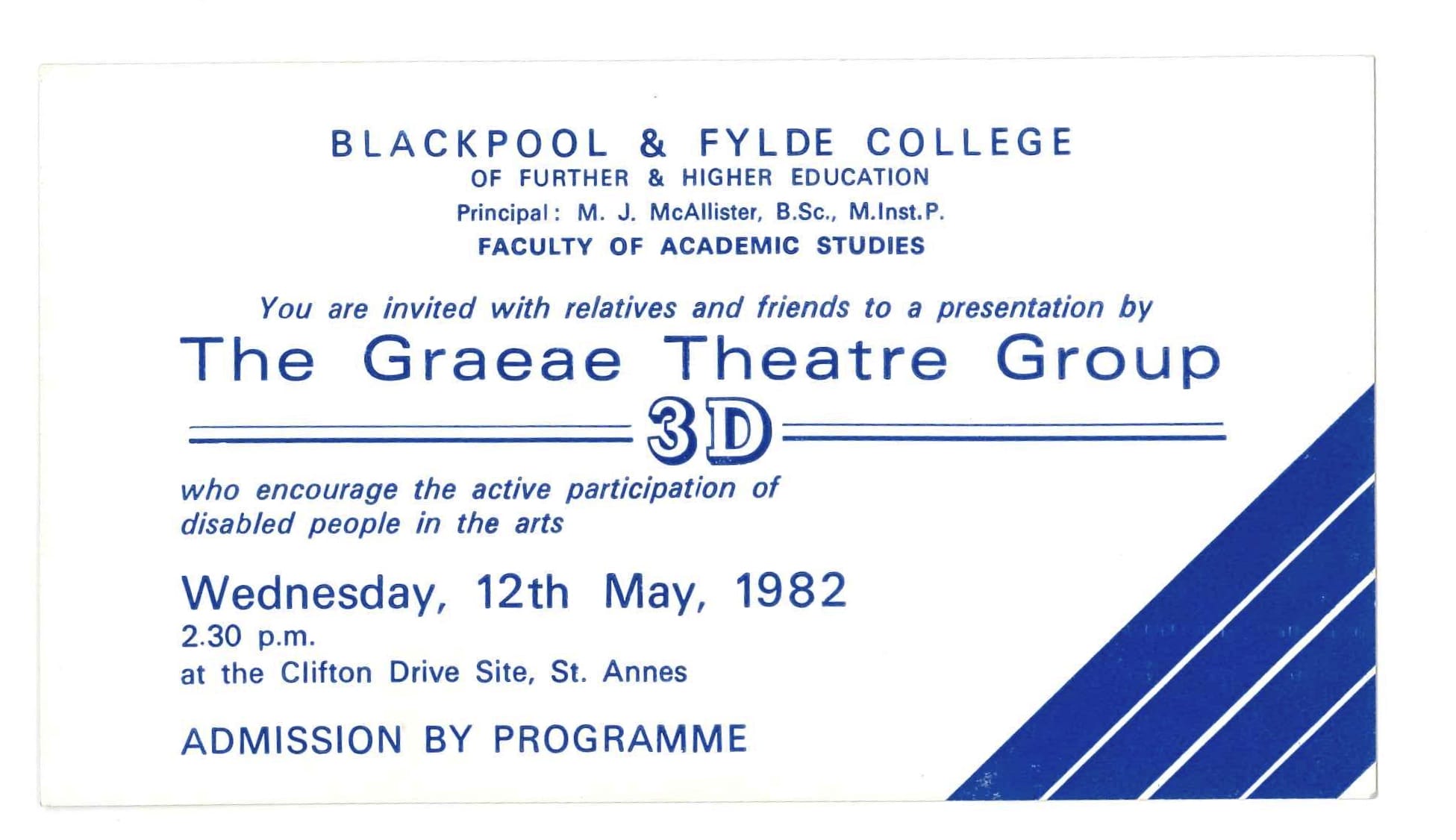 A white flyer with blue text, promoting Graeae's '3D'.