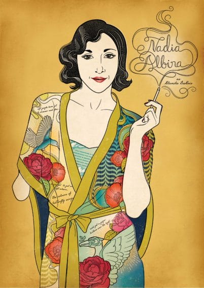 An illustration of a white woman, with short black hair. She has one hand and is wearing an ornate robe with flowers and birds on it, holding a cigarette in her hand. There is black text that reads 