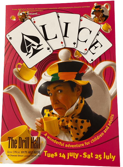Poster for 'Alice'. There is a picture of the mad hatter, and a teapots and teacups. 