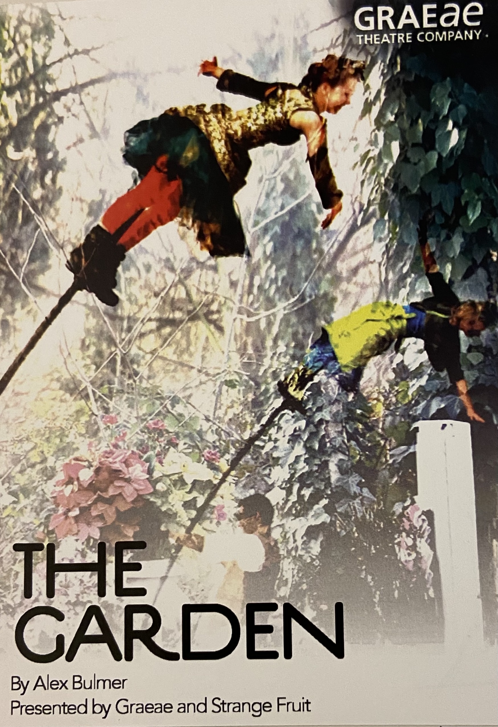 A poster for Graeae's 'The Garden' by Alex Bulmer. The poster shows two ariel performers.