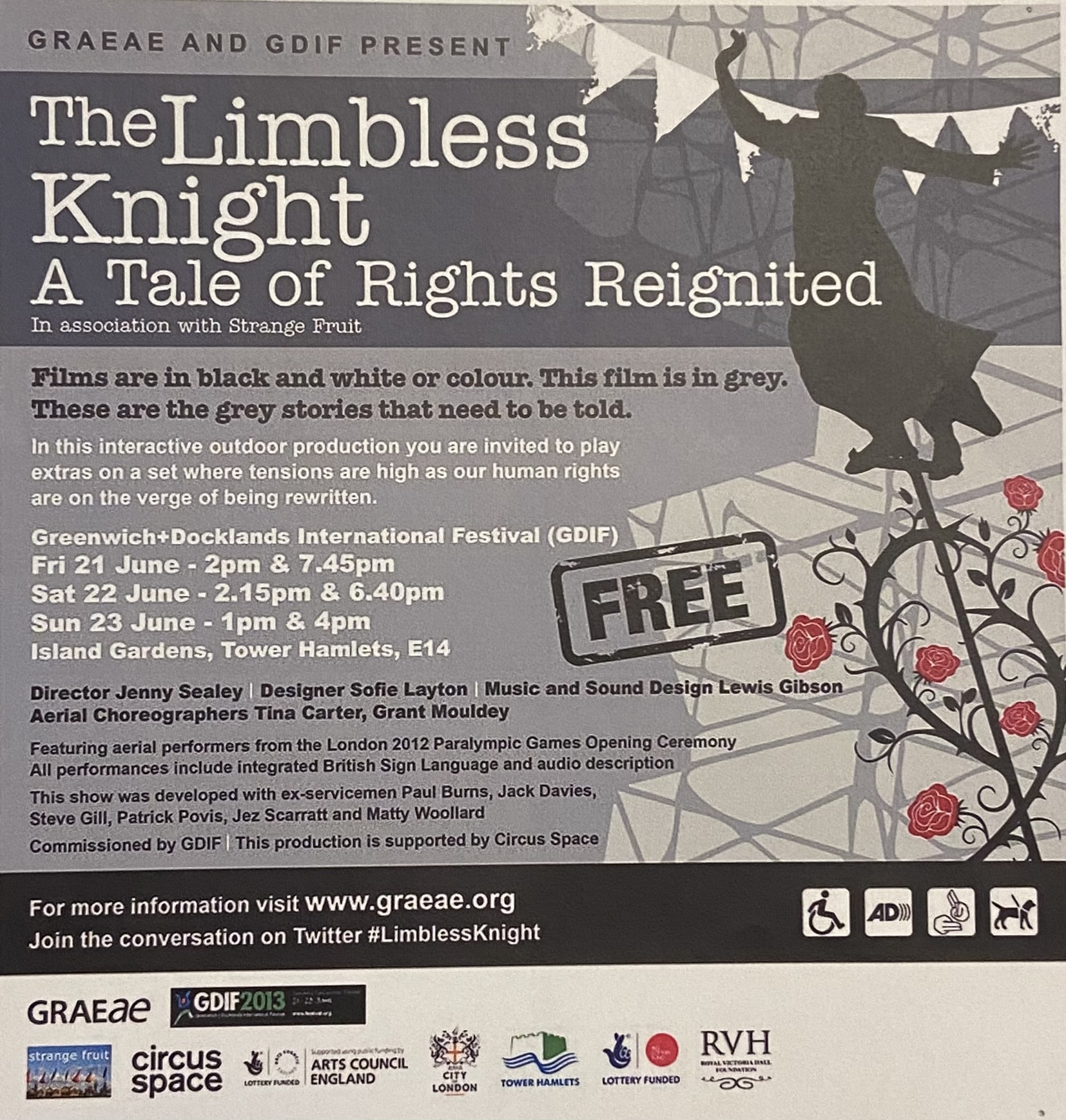 Poster for The Limbless Knight - A Tale of Rights Reignited, full of written information regarding show dates, and show content.