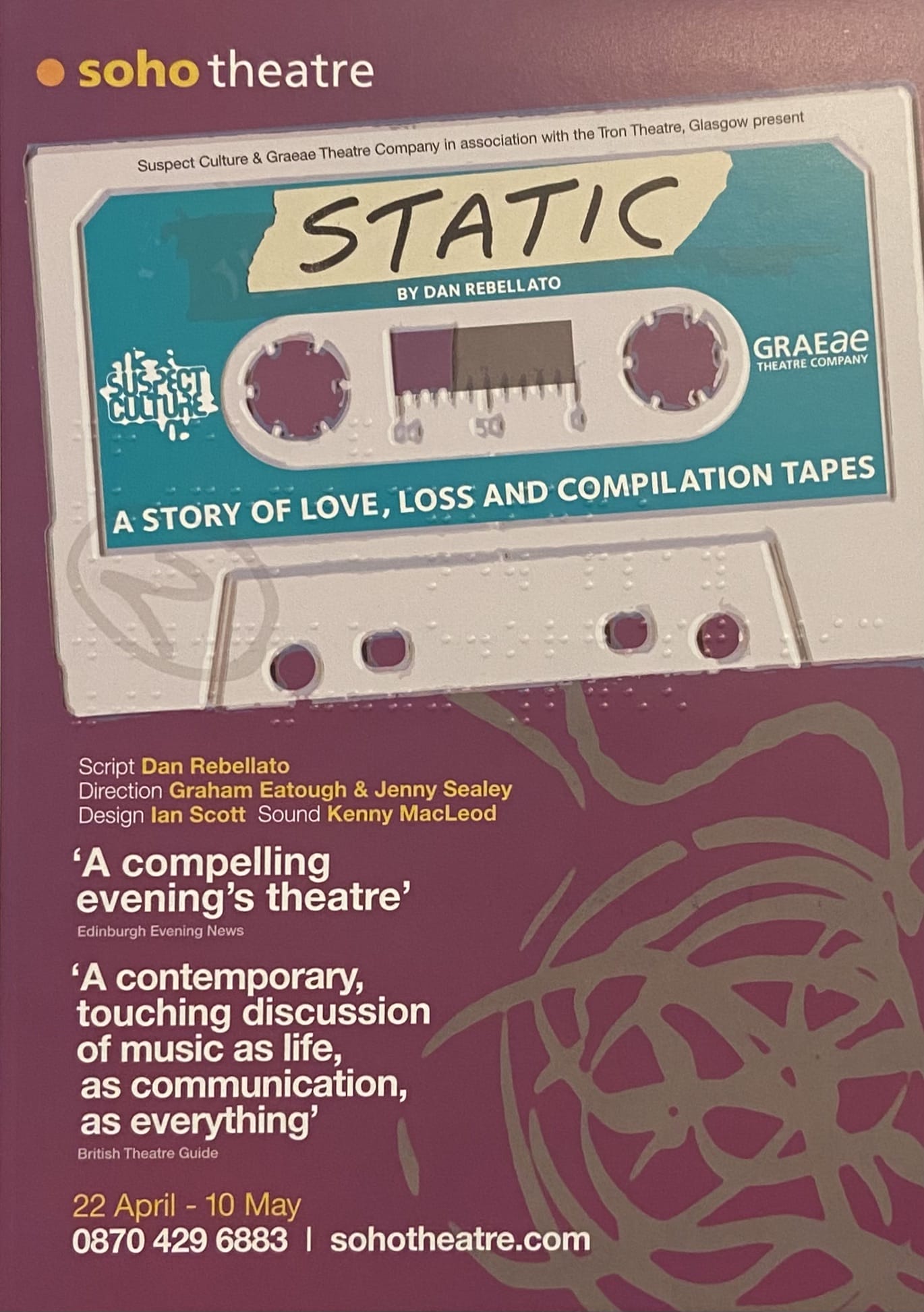 A poster for Graeae's production of 'Static' by Dan Rebellato. The poster is purple with a blue casette tape that has 