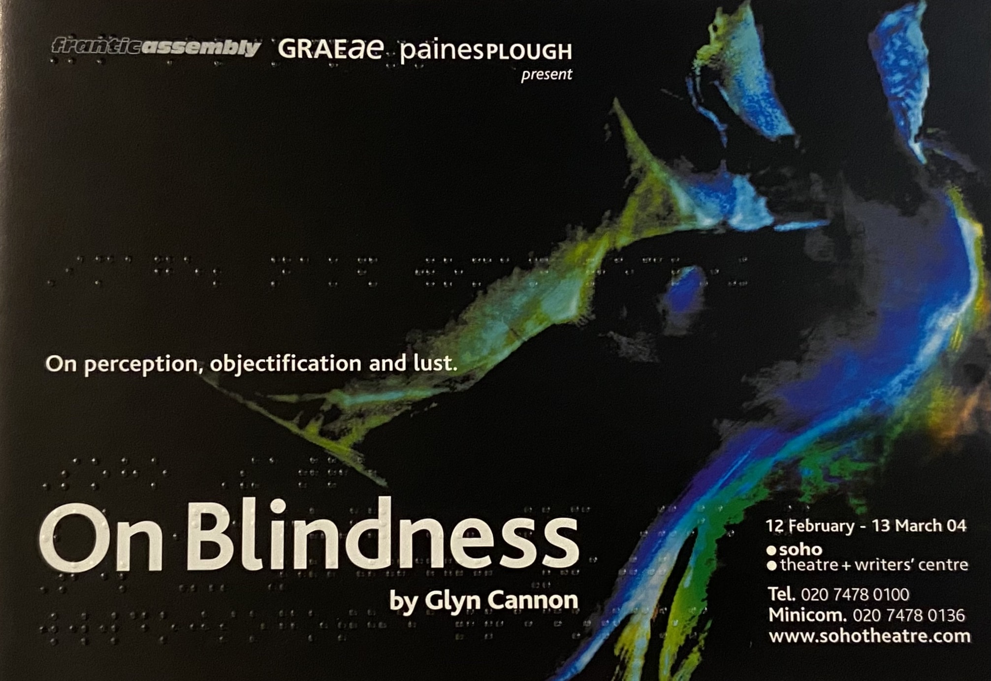Poster for Graeae's production of 'On Blindness' by Glyn Cannon. The poster is black, green, and blue, and has an abstract painting of a body.