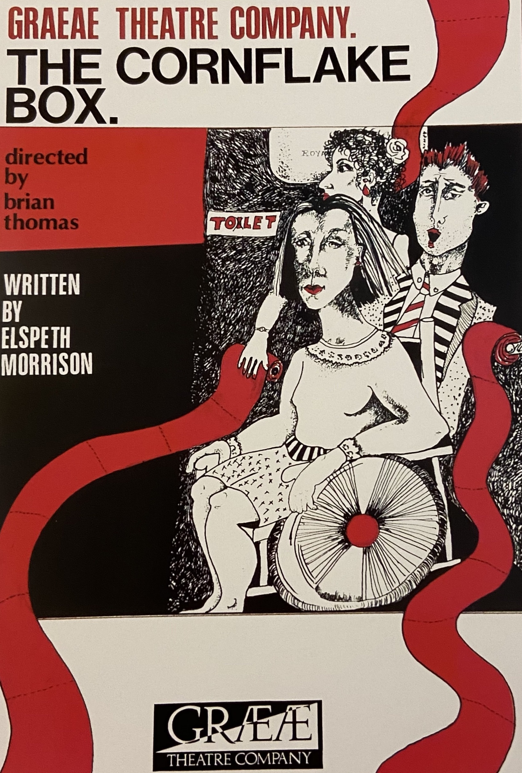A poster for Graeae's production of 'The Cornflake Box'. The poster is white, red, and black, and shows an illustration of three characters - one of which is using a wheelchair. The text on the poster is a mixture of red, black, and white, and reads 