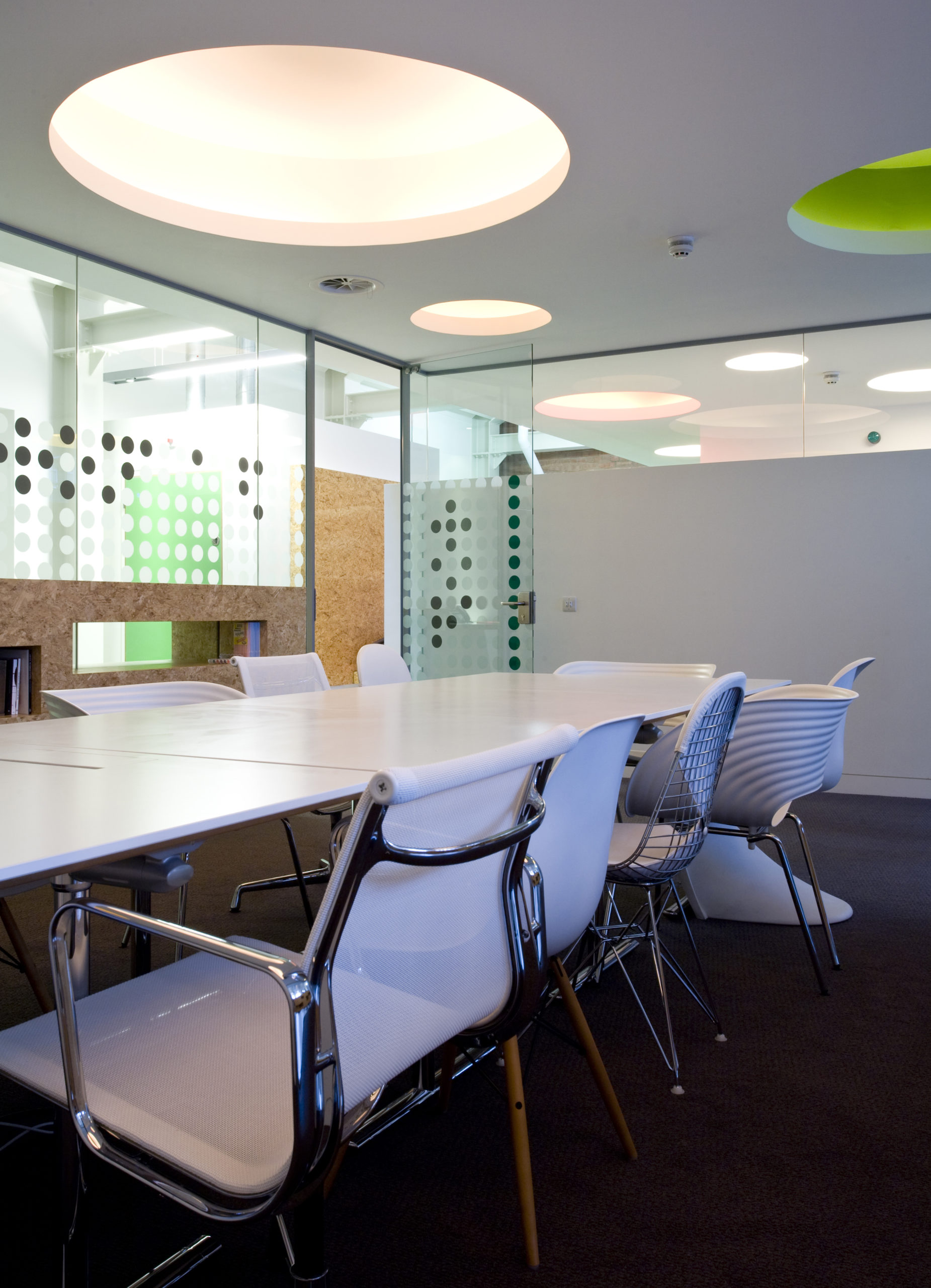 A meeting room with a long table, the hub at Graeae's Bradbury Studios