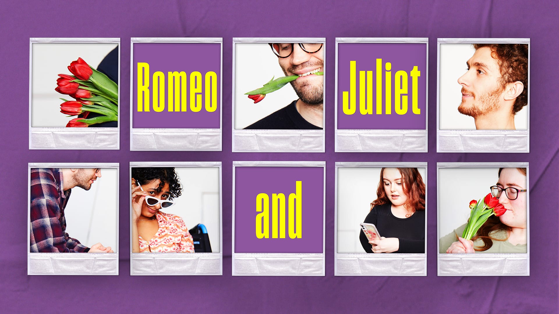 Purple background with a set of 5 polaroid's on top of each other. 3 have the text Romeo and Juliet whilst the others are filled with actors profiles.