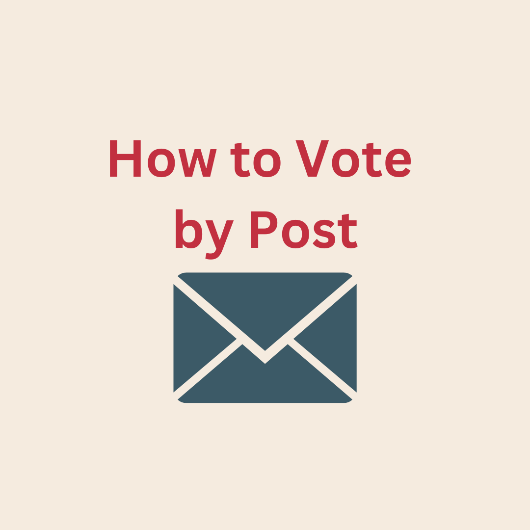Red text reads: How to Vote by Post on a cream background. There is a blue envelope below the text.