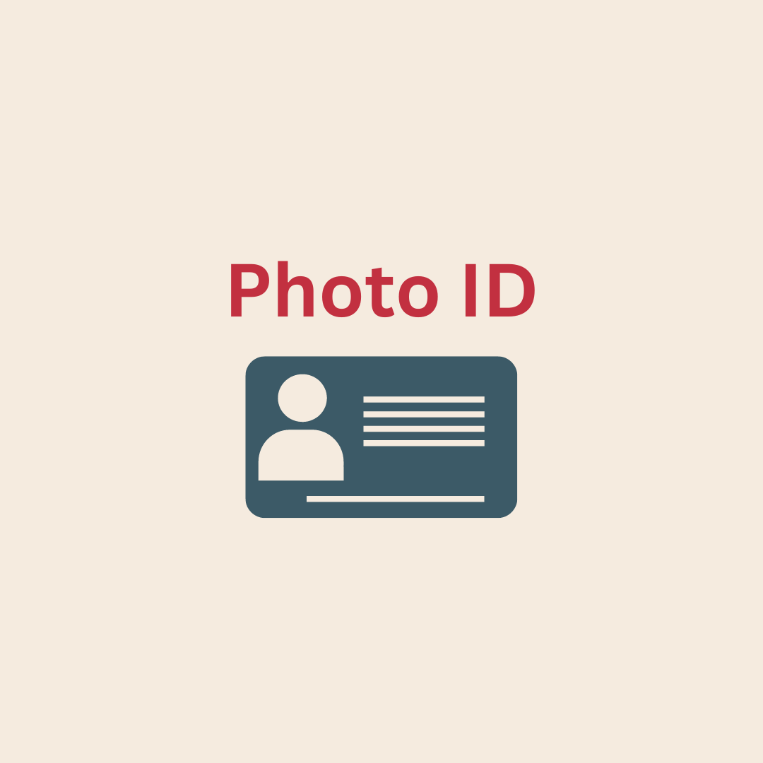 Red text reads: Photo ID on a cream background. Below the text is a blue photo ID image.