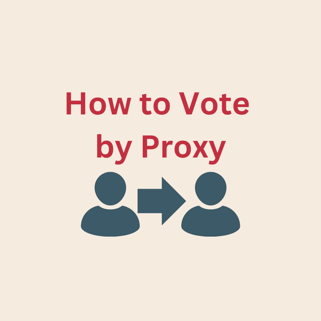 Red text reads: How to Vote by Proxy on a cream background. Below the text is an outline of two people with an arrow between them.