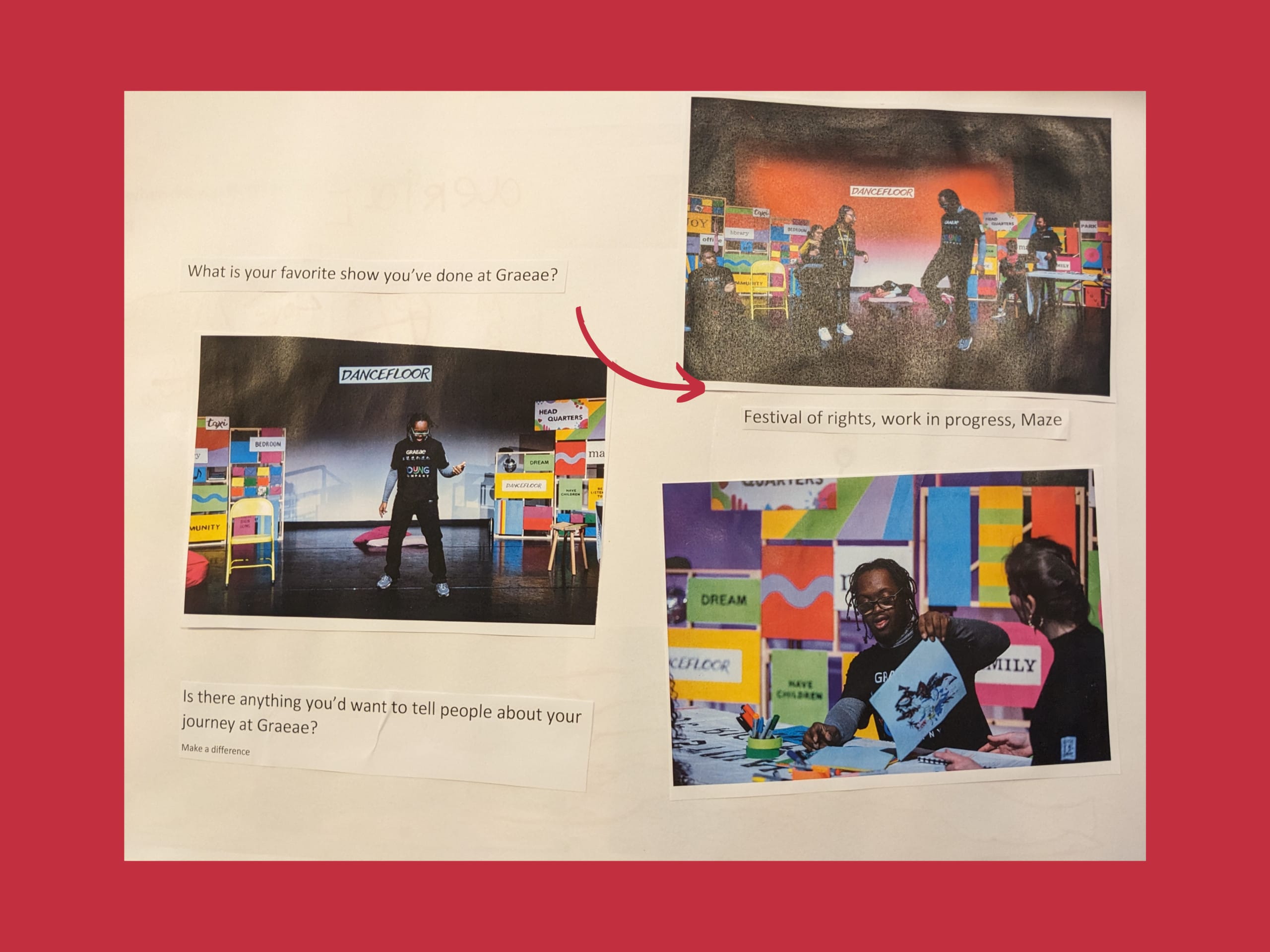 Three images of Marcus in Festival of rights. In the picture on the top left, he is dancing with another performer. In the image on the left, he is dancing by himself. In the image on the bottom right, Marcus is showing off some art to Mette. There is a red background behind the image.