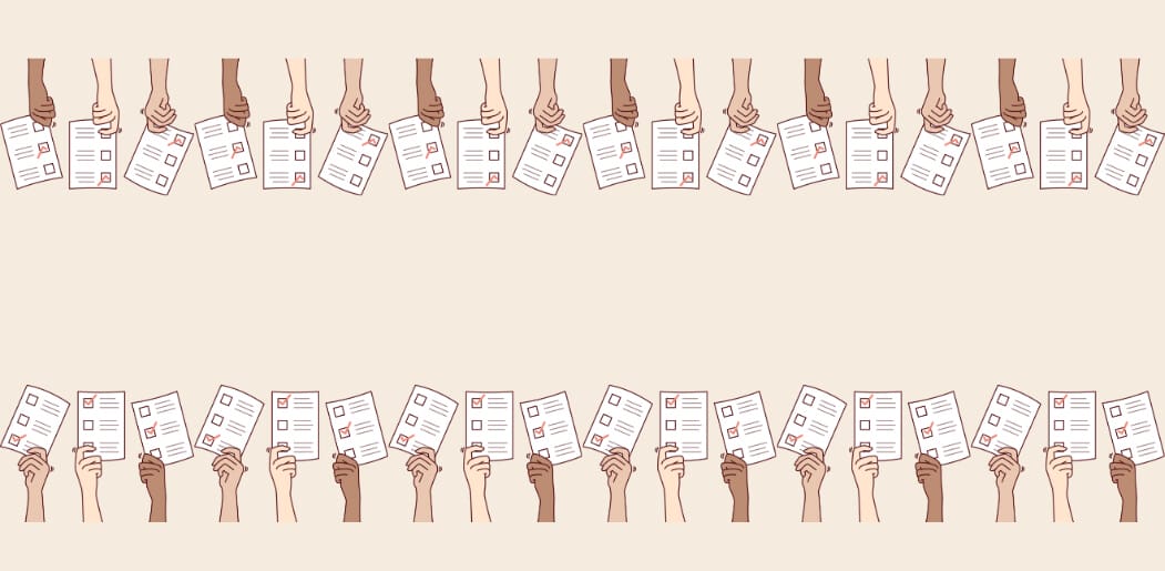 Cream background with arms of different skin tones holding ballots.