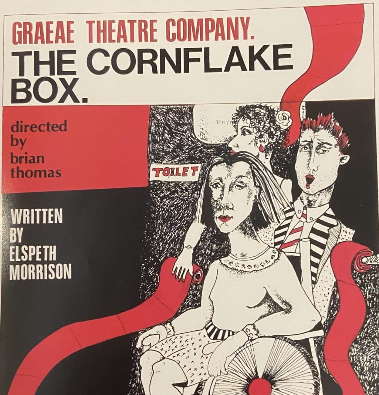 Poster for The Cornflake Box. The poster shows abstract illustrations of three people. There is a woman in a wheelchair in the front of the two other figures. There is a sign that reads 