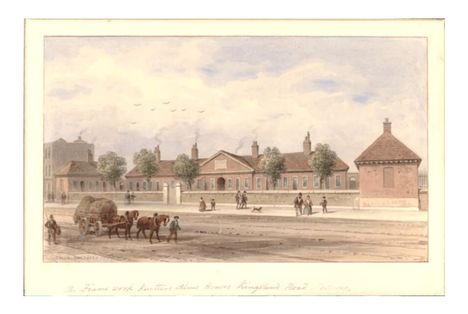 View of the Framework-knitters' almshouses, on Kingsland Road, Haggerstone; a wagon drawn by two horses in left foreground, other figures on pavement. Behind the figures is a large building with trees. 1854 Watercolour