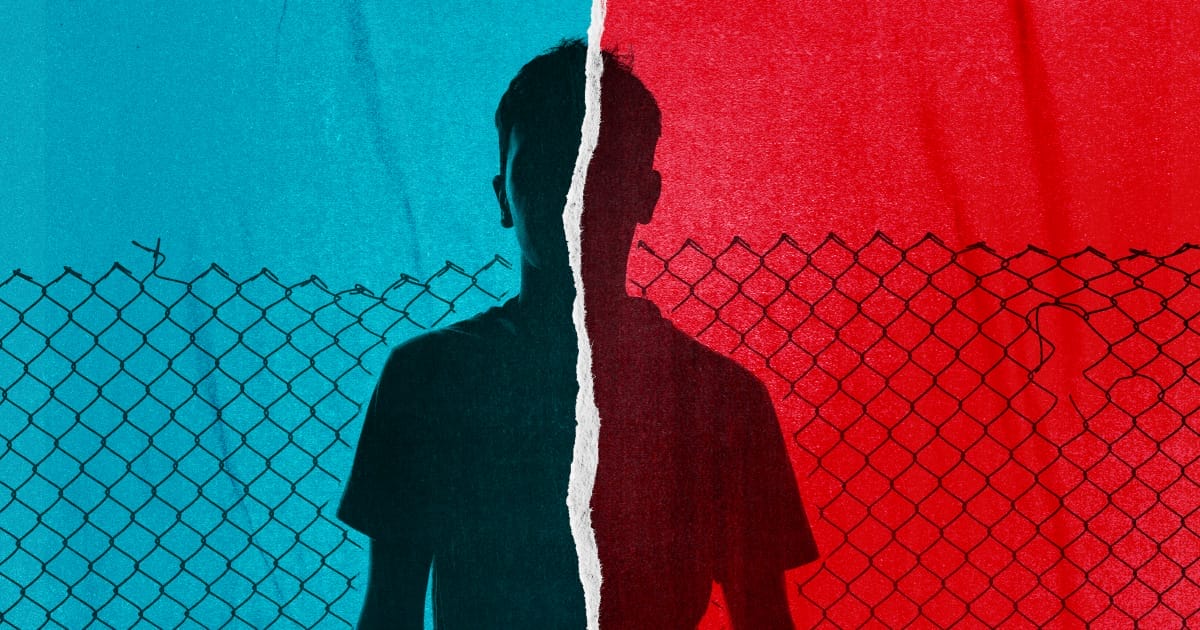 A rip down the middle with a black silhouette of a boy. One side is in blue and the other red