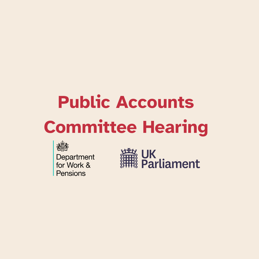 Red text reads public accounts committee hearing, below the text is the logo for the department of work and pensions and the uk parliament logo