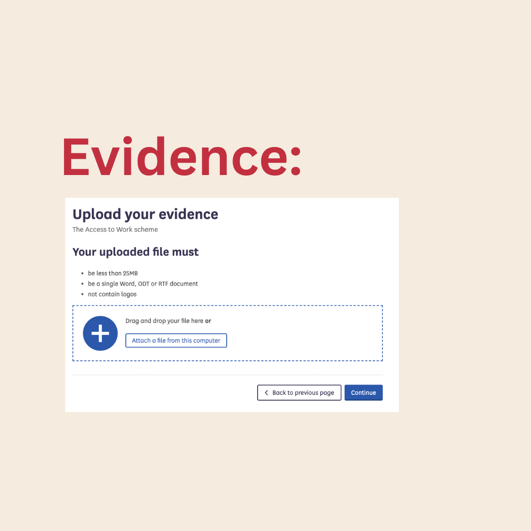 Cream background, red text reads evidence and an image from a government website says how to submit your evidence.